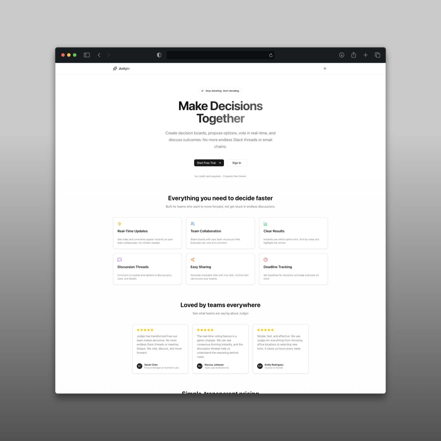 Judgio - Tomada de Decisão Colaborativa - Desenvolvimento Web project showcasing resolve o problema da tomada de decisão dispersa entre equipas. permite colaboração em tempo real, votações e discussões estruturadas para agilizar as escolhas organizacionais.